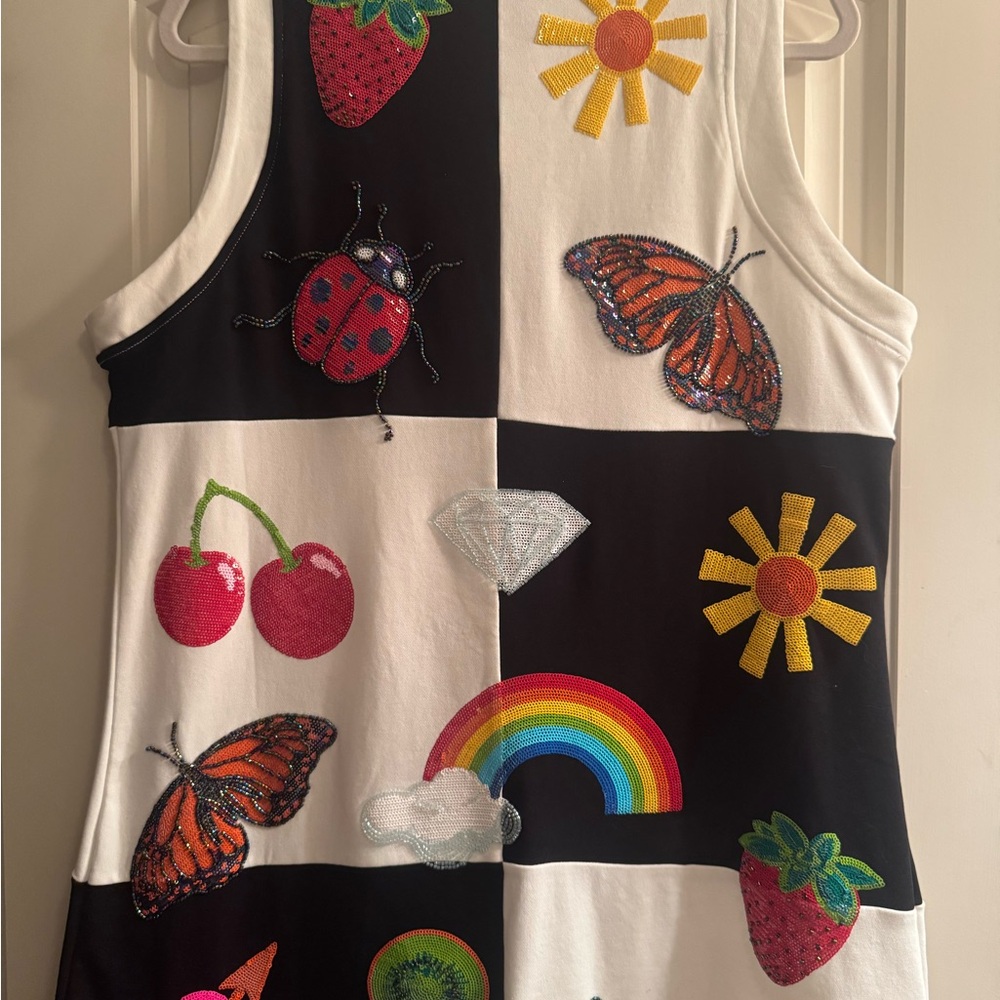 QUEEN OF SPARKLES Black & White Patchwork Tank dress Colorful Appliqués XL - Picture 7 of 7